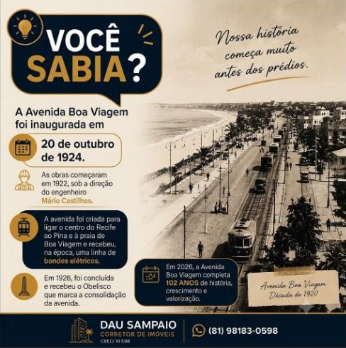 Card "Você sabia?" sobre a inauguração da Avenida Boa Viagem em 1924