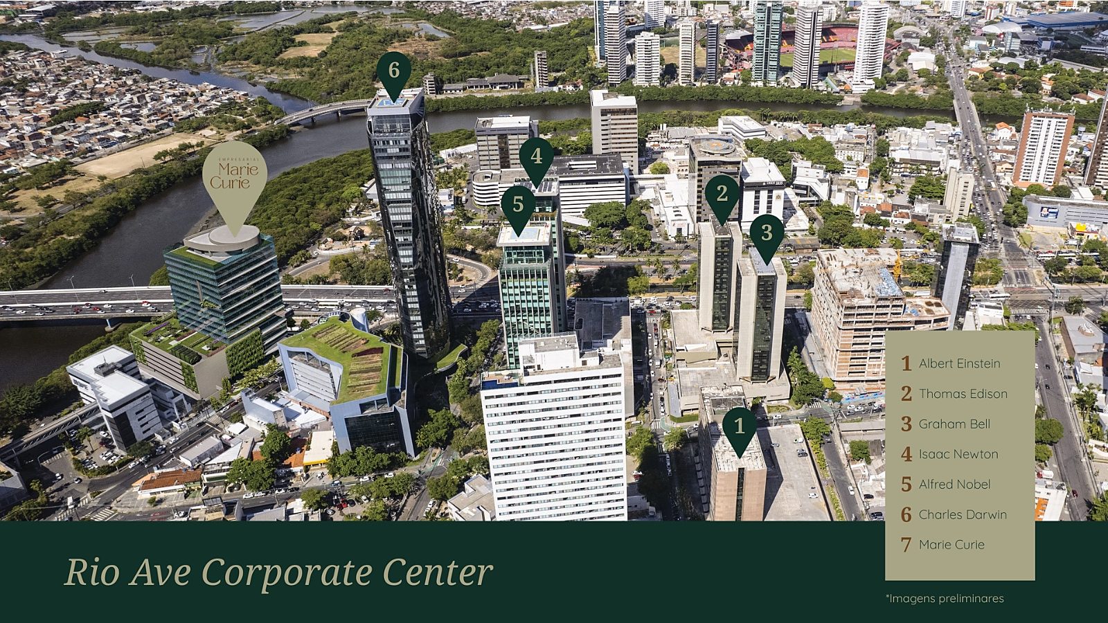 Vista aérea do Rio Ave Corporate Center, na Ilha do Leite, com a localização do Marie Curie