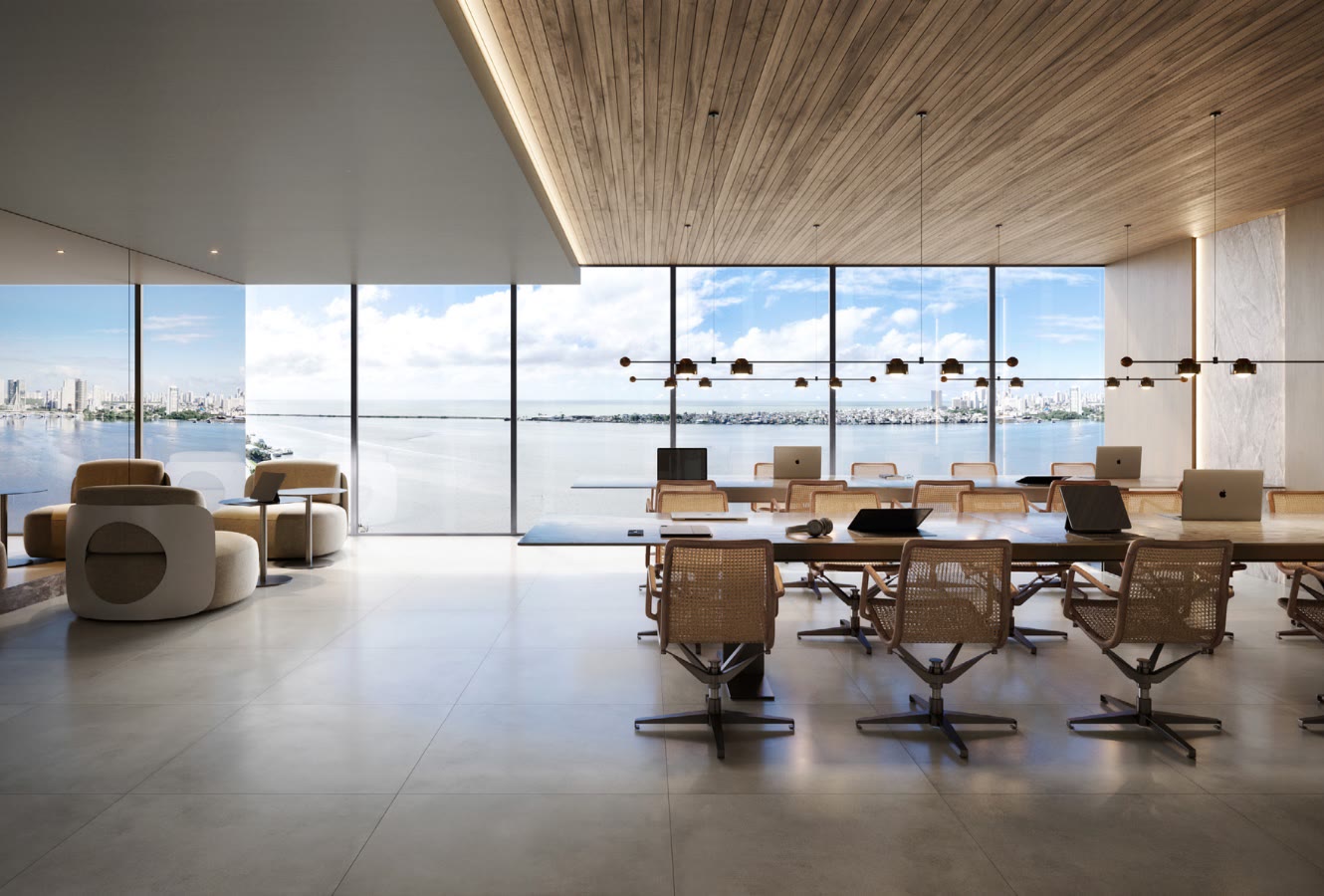 Sala de reunião com vista panorâmica para a Bacia do Pina
