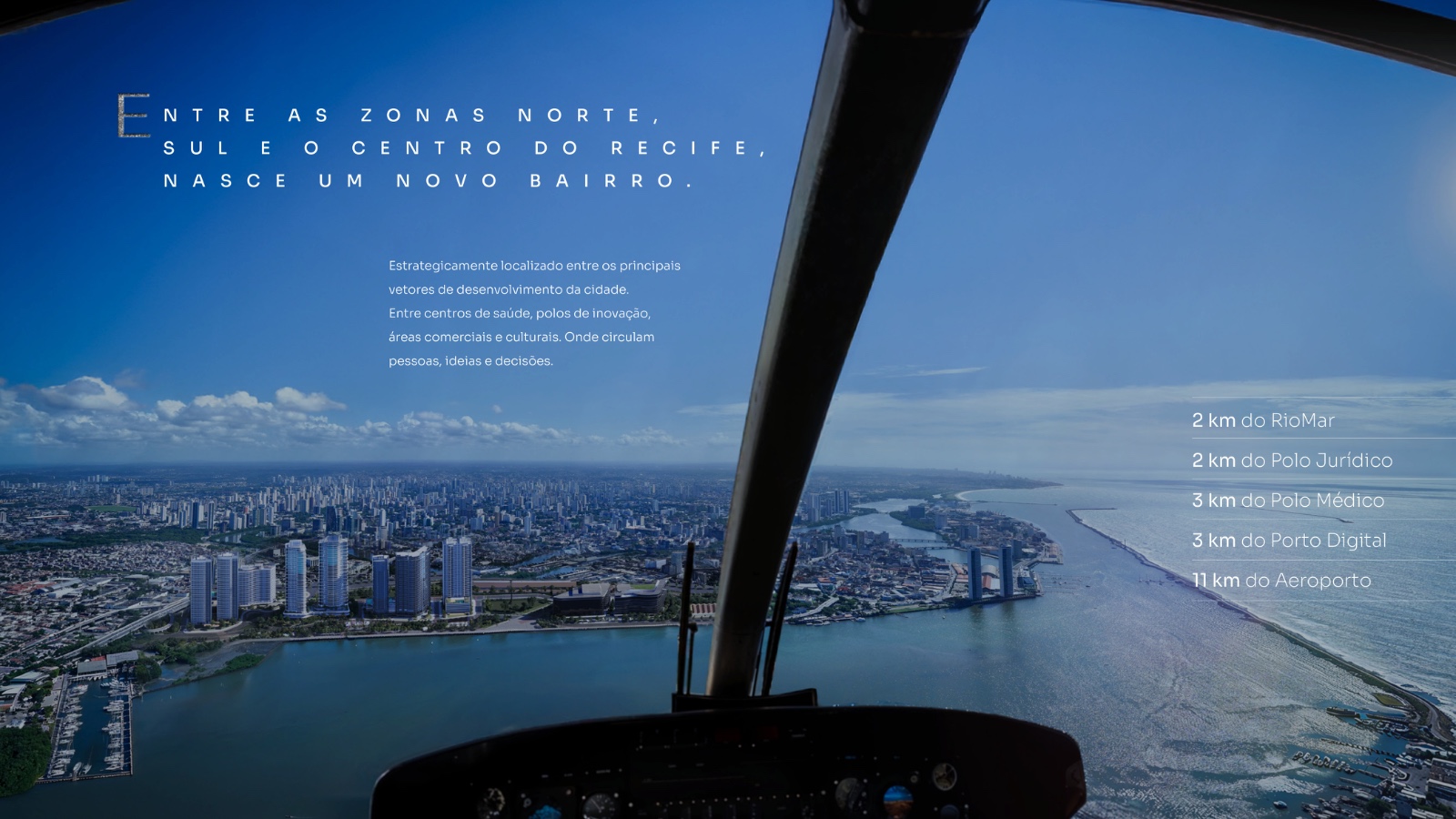 Vista aérea mostrando a localização do Novo Cais entre as zonas Norte, Sul e Centro do Recife