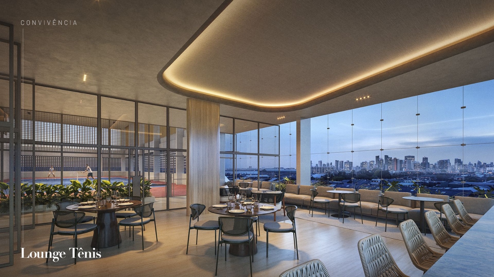 Lounge com vista para a quadra de tênis do Moura Dubeux Plaza