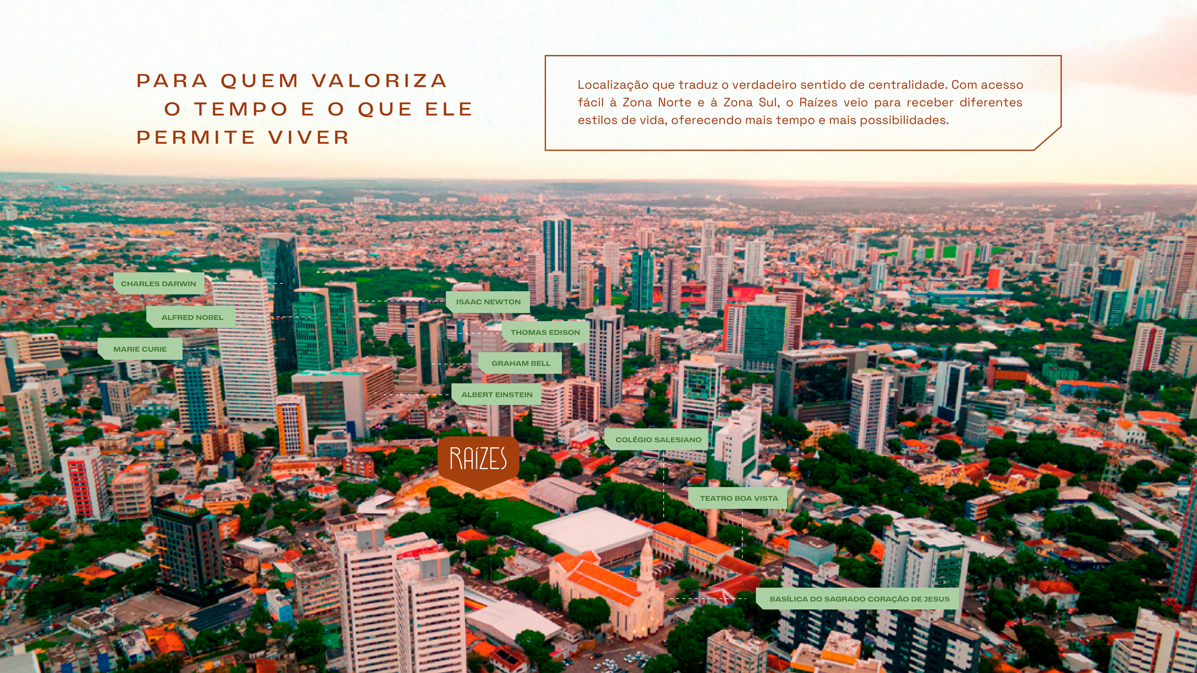 Vista aérea da região central do Recife, com a localização do Raízes e pontos de referência do entorno