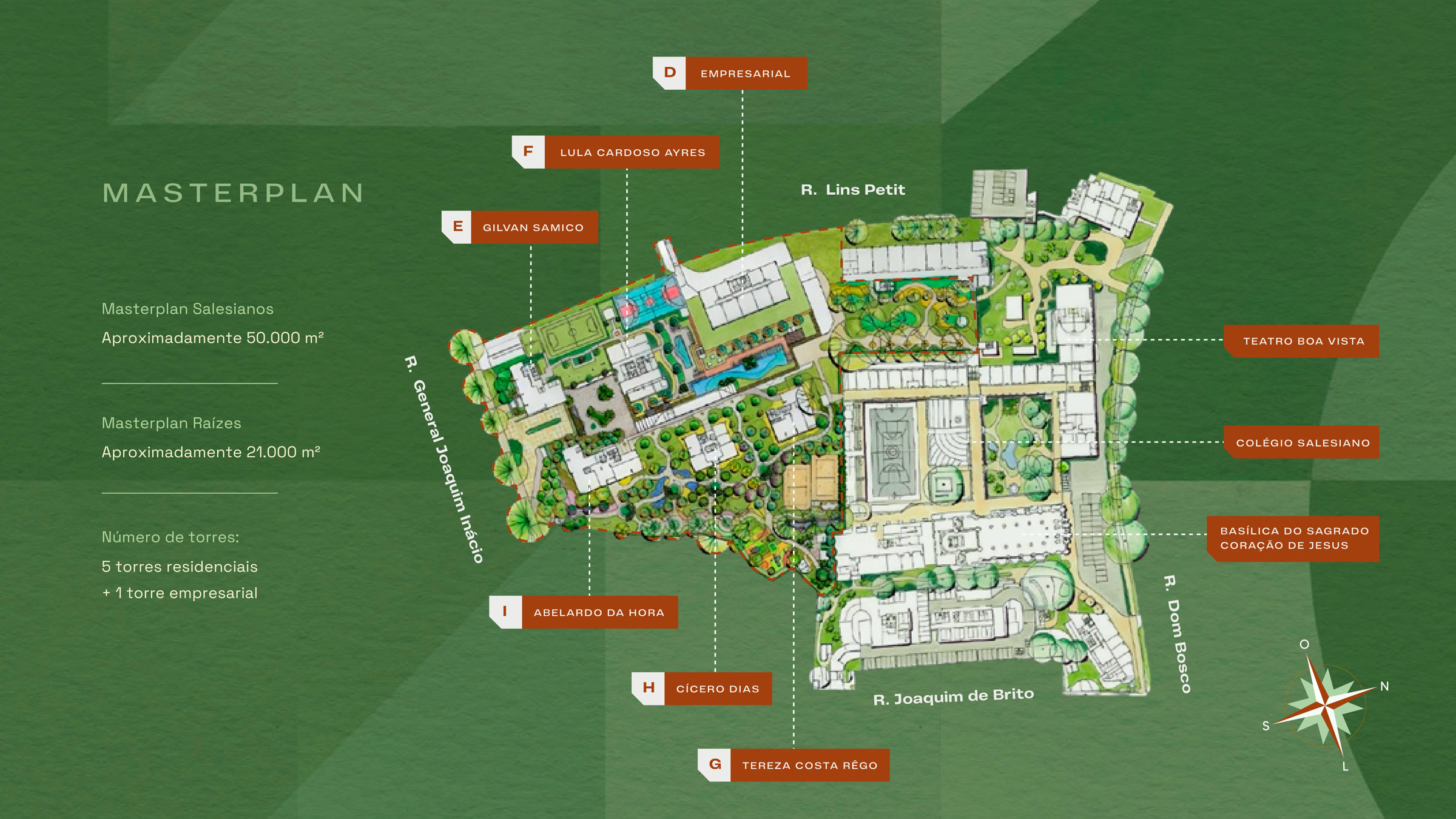 Masterplan do Complexo Salesianos, com a localização do Raízes e dos demais equipamentos