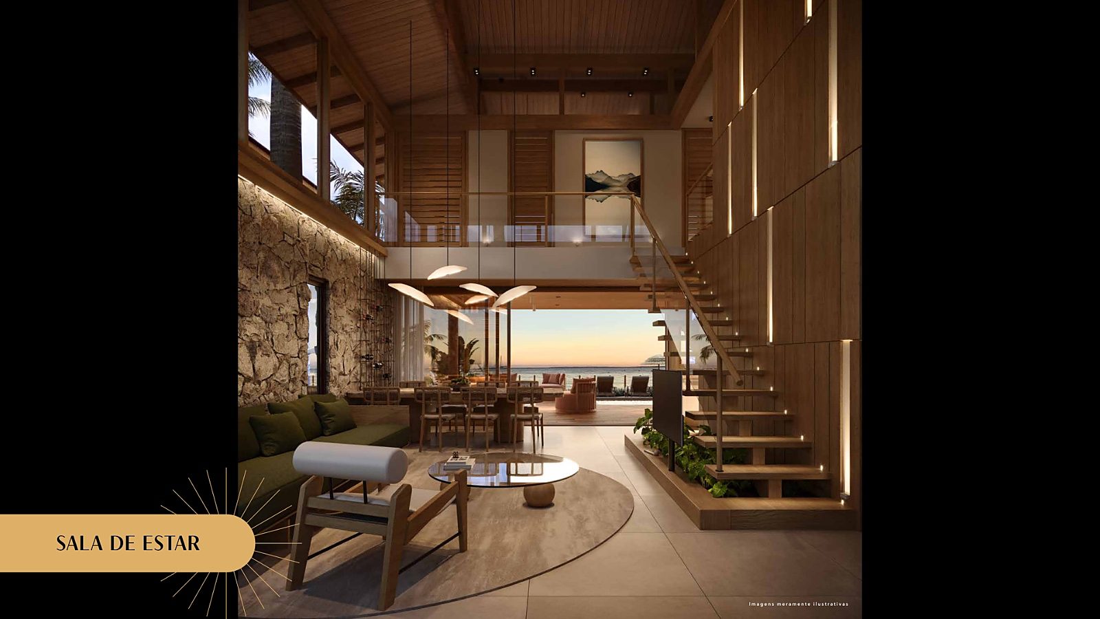 Sala de estar com materiais naturais e integração visual com a paisagem