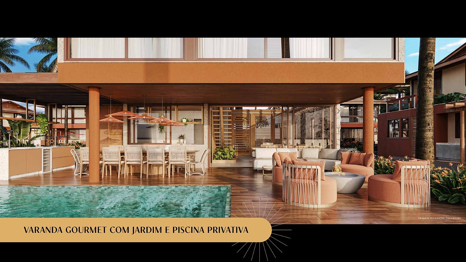 Varanda gourmet com jardim e piscina privativa